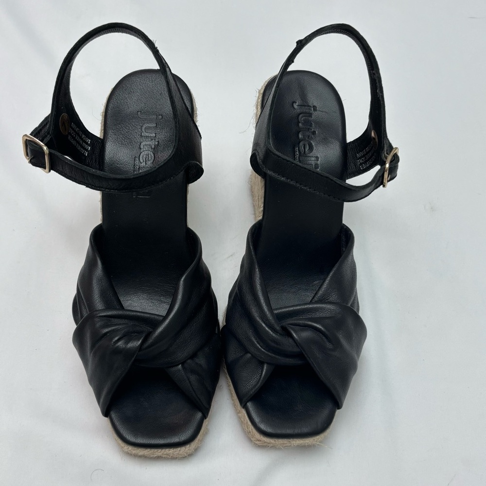NWOB Jutelia Black Leather Twist Front Espadrille Wedge